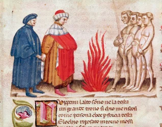 Dante a Virgil obklopeni zatracenými dušemi (z pekla, v Božské komedii) - miniatura 15. století