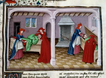 Smrt Pacient má agónii. Po jeho smrti je jeho tělo uloženo do rakve. Miniatura z „“Le decameron““ od Jeana Boccaccia (Giovanni Boccaccio) (1313-1375) 1450 Paříž, knihovna Arsenalu