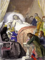 Smrt Ludvíka XIV. (1638-1715), francouzského krále, 1. září 1715 ve Versailles a budoucí Ludvík XV. (1710-1774).