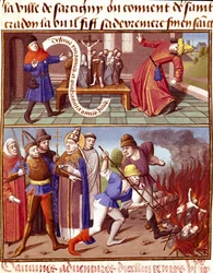 Zničení posvátných předmětů a zásah papeže Gregoira I. Velikého (540-604) Miniatura v „“Le miroir historial““ (Speculum Historiale) (ms. 1196) od Vincenta de Beauvais (1190-1264), překlad do francouzštiny Jean de Vignay