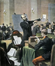 Dreyfusův případ. Grafologický expert Alphonse Bertillon sesazený u soudu v Rennes