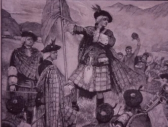 Earl of Mar zvyšuje jakobitský standard v roce 1715 (rytina)