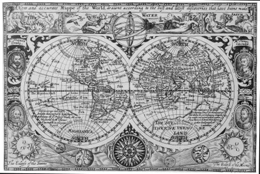 Mapa světa z počátku 17. století, podle Mercatora, s vloženými portréty objevitelů (Drake, Magellan, Thomas Cavendish a Oliver van der Nort), živly a zatměními.