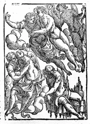 Eole (vpravo dole) a větry. "Mytologie a bajky" dává hrabě Natalia. Padova 1677