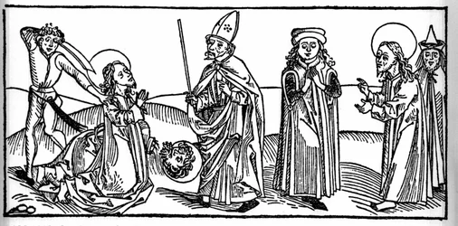 Epizoda ze života svatého Jakuba Majora: světec je sťat pod očima judského krále Heroda z Agrippy. Rytina z „Leben der Heiligen - sommerteil“ (Kniha světce) od Jacoba (Jakuba) z Voragine (1228-1298). Lubeck 1488.