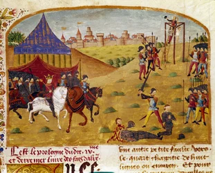 Poprava zrádců Miniatura převzatá z „Knihy faktů Alexandra Velikého““ od Quinta Curtius Rufus (Quinte Curce) (1. století), asi 1468. (Ms 1335) Remeš. Městská knihovna