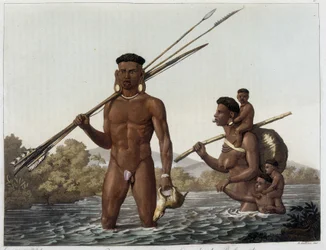 Rodina indiánů Botocudos, kteří se vracejí z lovu a překračují řeku Rio Grande do Belmonte v Paraguayi. V „“The Old and Modern Costume”” 1818-1820, Ferrario.