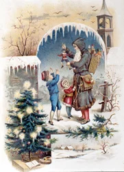 Otec Vánoc s dětmi. 1892 chromolitografie.