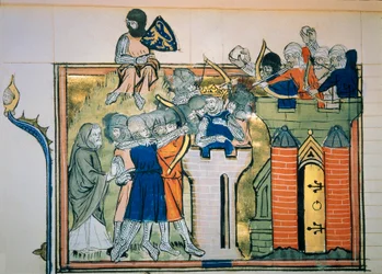 První křížová výprava: Godefroi (nebo Godefroy) z Bouillonu (1058-1100) v kulaté věži zaútočil na Jeruzalém v roce 1099. Miniatura z “” Roman De Godefroy De Bouillon et de Saladin””