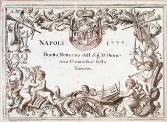 První strana hudební partitury O bella venere, in Armida imaginaria od Domenica Cimarosa, kolem roku 1777