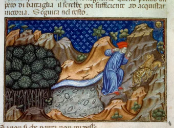 První píseň Hell, a panthere oponuje Danteho pasáži. Ilustrace „“Božské komedie“ (Divina Commedia) od Dante Alighieriho (1265-1321). Miniatura z rukopisu z 15. století. Paříž, B.N.