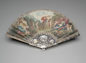 Skládací vějíř s „Adonisem vedeným Cupids to Venus“ podle Francesca Albaniho, držák kolem 1720-1730, záštity a tyče kolem 1740-1750 (kvaš a akvarel na dvojitém pergamenovém listu, perleť, zlacení a pastový drahokam )
