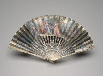 Skládací vějíř s klasickým námětem, možná alegorie manželství, cca 1750-60 léta (kvaš na jediném pergamenovém listu, slonovina, zlacení, kvaš a mosaz)