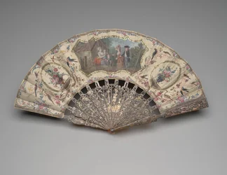 Skládací vějíř s výjevem návštěvy mokré sestry, cca 1780 (kvaš na dvojitém hedvábném listu, mosaz, kovová nit, želvovina, zlacení, perleť a drahokamy z pasty)