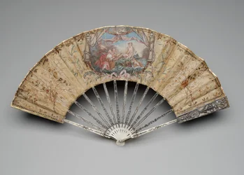 Skládací vějíř se Zrozením Venuše, cca 1770-80s (kvaš na jednom hedvábném listu, sláma, mosaz, kovová nit, kost, zlacení, perleť a drahokamy z pasty)
