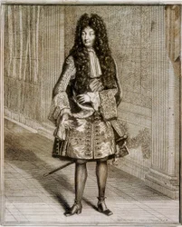 Celopostavový portrét krále Ludvíka XIV., známého jako Král Slunce (1638-1715). Rytina z 18. století. Národní knihovna v Madridu.