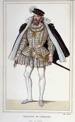 François de Lorraine (1519-1563). Vévoda z Aumale, poté 2. vévoda z Guise. Francouzský generálporučík. Rytina z roku 1830.