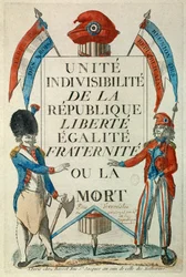 Francouzská revoluce: „Jednota, nedělitelnost republiky. Svoboda, rovnost, bratrství, nebo smrt“. Propagandistický plakát se sansculoty a kokardou. Tisk z roku 1794, Paříž, Musée Carnavalet