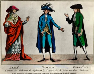 Francouzská revoluce: zobrazení poslanců tří stavů v generálních stavech ve slavnostním oděvu: duchovenstva, šlechty a třetího stavu. Grafika z konce 18. století, soukromá sbírka