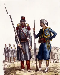 Francouzská vojenská uniforma: Vlevo cizinecká legie zformovaná a vyslaná do Alžírska v roce 1831. Vpravo domorodí jezdci, vycvičení a posláni do Alžírska v roce 1841. V L