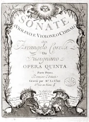 Frontispice 12 sonát pro housle, bas a cembalo od Arcangela Corelliho (1653 - 1713). Francouzská verze.