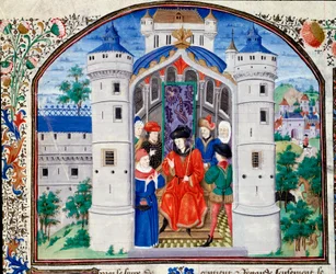 Frontispice of Economics zastupující autora představujícího své dílo králi. Miniatura z rukopisu (Ms 927 Fol.426) „“ Komentář k politické a ekonomické etice““ řeckého filozofa Aristotela (383-322 př. n. l.) přeložil Nicolas Oresme (