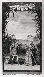Frontispis „Les Stratagemes de l’amour““ od Pierre-Charlese (Pierre Charles) Roye, francouzského libretisty (1683-1764) pro balet opery nebo heroický balet Destouches Andre Cardinal (1672-1749). 1726.