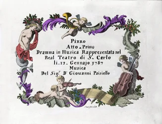 Frontispice of „“ Pirro “ od Giovanniho Paisiella (nebo Paeseella nebo Paesieilla) (1740-1816), italského skladatele. 1787