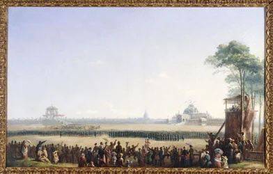 Slavnost 10. května 1852 na Champ-de-Mars, rozdávání orlů a žehnání vlajkám