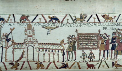 Pohřeb krále Edwarda Vyznavače Anglie, jeho tělo je převezeno do kostela svatého Petra Detail tapiserie z Bayeux nebo výšivky královny Mathildy