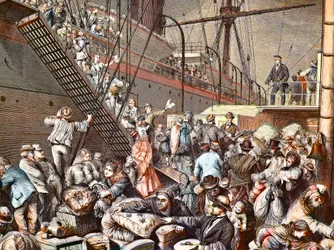 Němečtí emigranti do New Yorku nalodění na parník Hamburg v roce 1874, rytina - (Deutsche Emigranten)