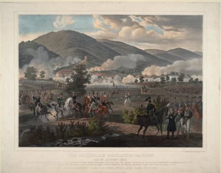 Guerres napoleoniennes : la bataille de Kulm (actuelle Chlumec) en Boheme (Republique Tcheque) le 30/08/1813 - Ruský pluk záchranářů v bitvě u Kulmu dne 29. srpna 1813 - Anonym - cca 1813 - 59,75 barevná litografie - - Soukromá sbírka