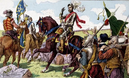 Jindřich IV. (1553 - 1610) v bitvě u Ivry (= bitva Ivry v Normandii) v roce 1590. Dětské snímky 19. století.