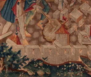 Historie Saint Piat a Saint Eleuthère, scéna 5 Detail vlevo dole. Městské hradby a křoví.