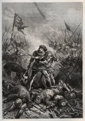 Stoletá válka: Francouzský král Jan II. Dobrý a jeho syn Filip II. Burgundský (1342-1404), známý jako „Philippe le Hardi“, bojující proti Angličanům v bitvě u Poitiers dne 19.09.1356 (král Francie Jan II Francouzský (1319-1364) a jeho syn Filip