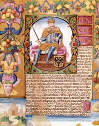 Iluminovaný portrét císaře Karla V. (1500 - 1558). Detail "" exekutoria""