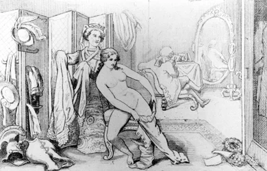 Ilustrace zobrazující Casanovu a nahou ženu - v „Historie mého života““ od Casanovy. Brusel 1872.