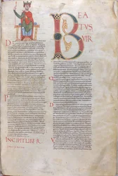 Incipit David, Beatus; Incipit žalmů, 11. století (miniatura, blanitý rukopis)