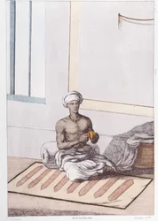 Indická kultura, civilizace a společnost: hudebník s tradičními indickými perkusemi. Rytina z roku 1808.