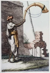 Indická kultura, civilizace a společnost: hudebník s tradičním indickým dechovým nástrojem (Sournae). Rytina z roku 1808.