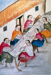 Indičtí šicí dělníci, z knihy „Trujillo del Peru“ nebo „Códice Martínez Compañón“, od Baltazara Martineze Compañóna y Bujandy, biskupa z Trujillo (1782-1785)