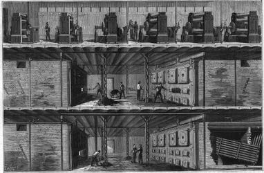 Instalace kotlů a parních dynam na Central Electricite Distribution Station (Edison System) v New Yorku v roce 1884.