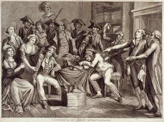 Interiér revolučního výboru. Rytina 18. století. Paříž, Musee Carnavalet