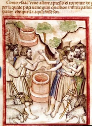 Izák kope studny v údolí Guerar a pastýři z údolí ho hledají v hádce Miniatura převzatá z kodexu 212 (nebo kodexu padovano nebo Bible z Padovy) 1390-1400 Rovigo, Accademia dei Concordi