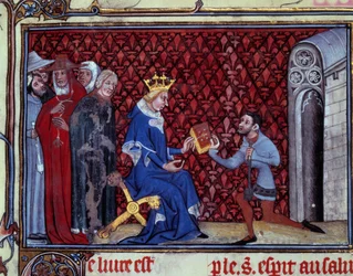 Jacques Bauchant představuje svou knihu králi Karlu V. (1338-1380) Miniatura převzatá z „“ Cesty Boha a vize svaté Alžběty von Schonau (1128-1164) „“ od Jacquese Bauchanta ze Saint Quentin (? -1396), Paříž, B.N.