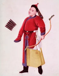 Lovecký oblek japonského císaře. Je vyzbrojen lukem a šípy. Akvarel z Benátek 18. století, Biblioteca Marciana