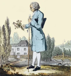 Jean-Jacques Rousseau (1712-1778) Sbírání bylin v Ermenonville, červen 1778 - Zastoupení filozofa Jeana Jacquese Rousseaua (1712-1778) trhajícího květiny v Ermenonville.