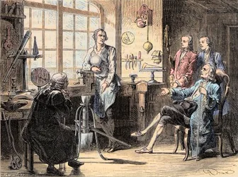 Joseph Black na návštěvě Jamese Watta ve své dílně v Glasgow - Skotský chemik Joseph Black navštíví inženýra Jamese Watta