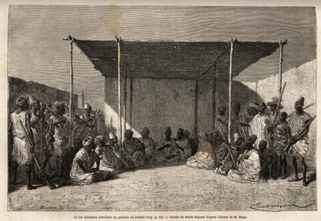Král Ahmadou předsedající radě nebo paláci říše Toucouleur v Segou Sikoro (Mali), mudrci sedí a válečníci sedí, král drží v rukou muslimský růženec. Rytina pro ilustraci plavby do západního Súdánu poručíka (Navy) M