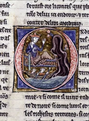 král Modreius. Rukopis: Dobytí Saint Gréal, napsaný 717 let po umučení našeho pána. Bibliotheque Municipale de Rennes, ms. 255 (Sbírka románů Kulatého stolu); Paříž